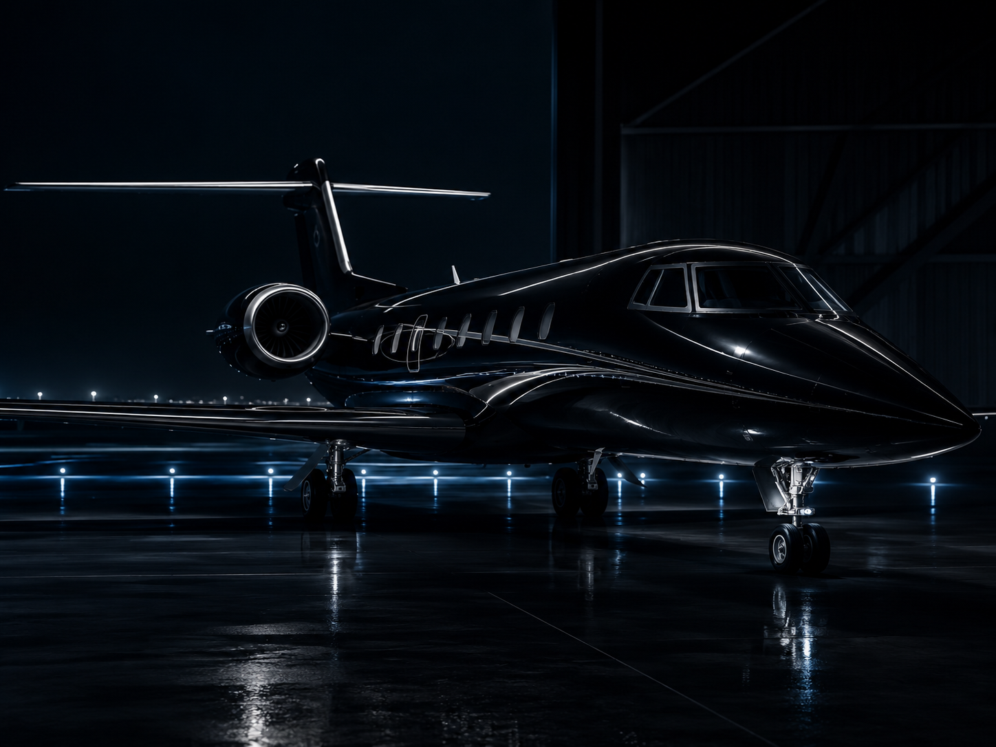 Private jet in a dark hangar at night
